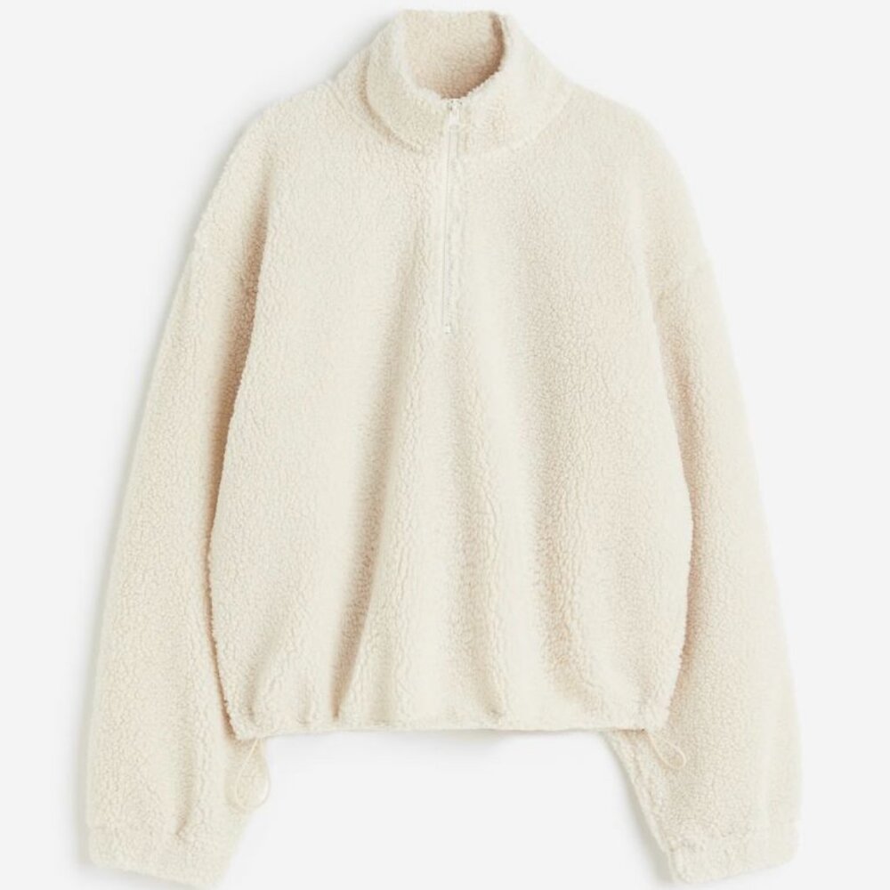 H&M 1/4 Zip Teddy Fleece Sherpa Cropped Sweater, Cream / Beige | Size Medium